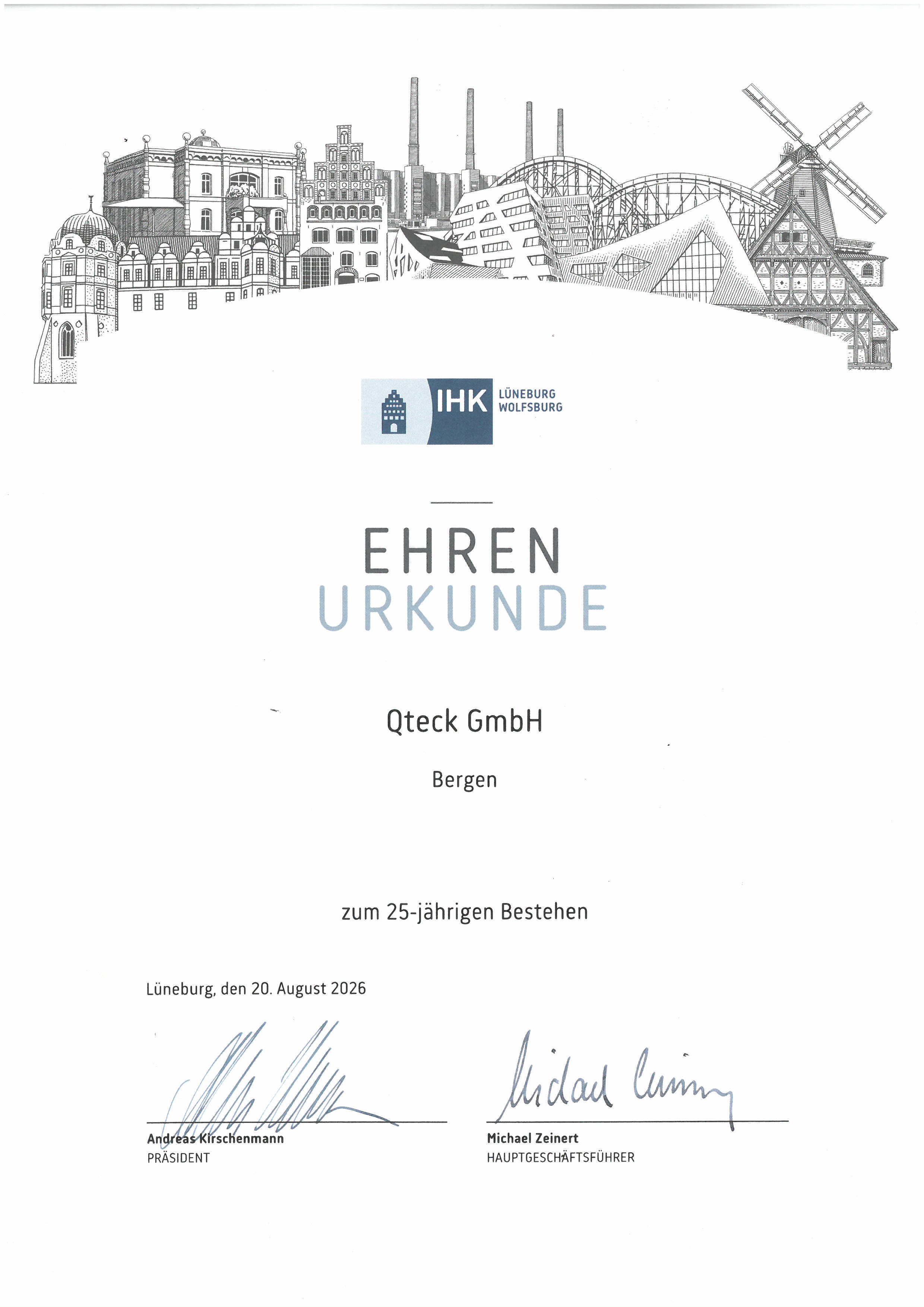 IHK Ehrenurkunde der qteck GmbH zum 25-jährigen Bestehen